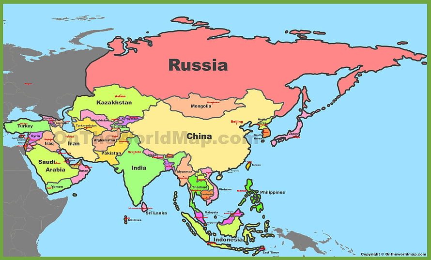 Colorful Political Map of Asia Featuring Major Countries and Capital Cities HD wallpaper