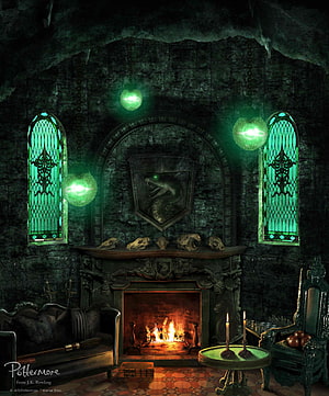 Slytherin Common Room Interior with Green Stained Glass and Fire HD phone wallpaper