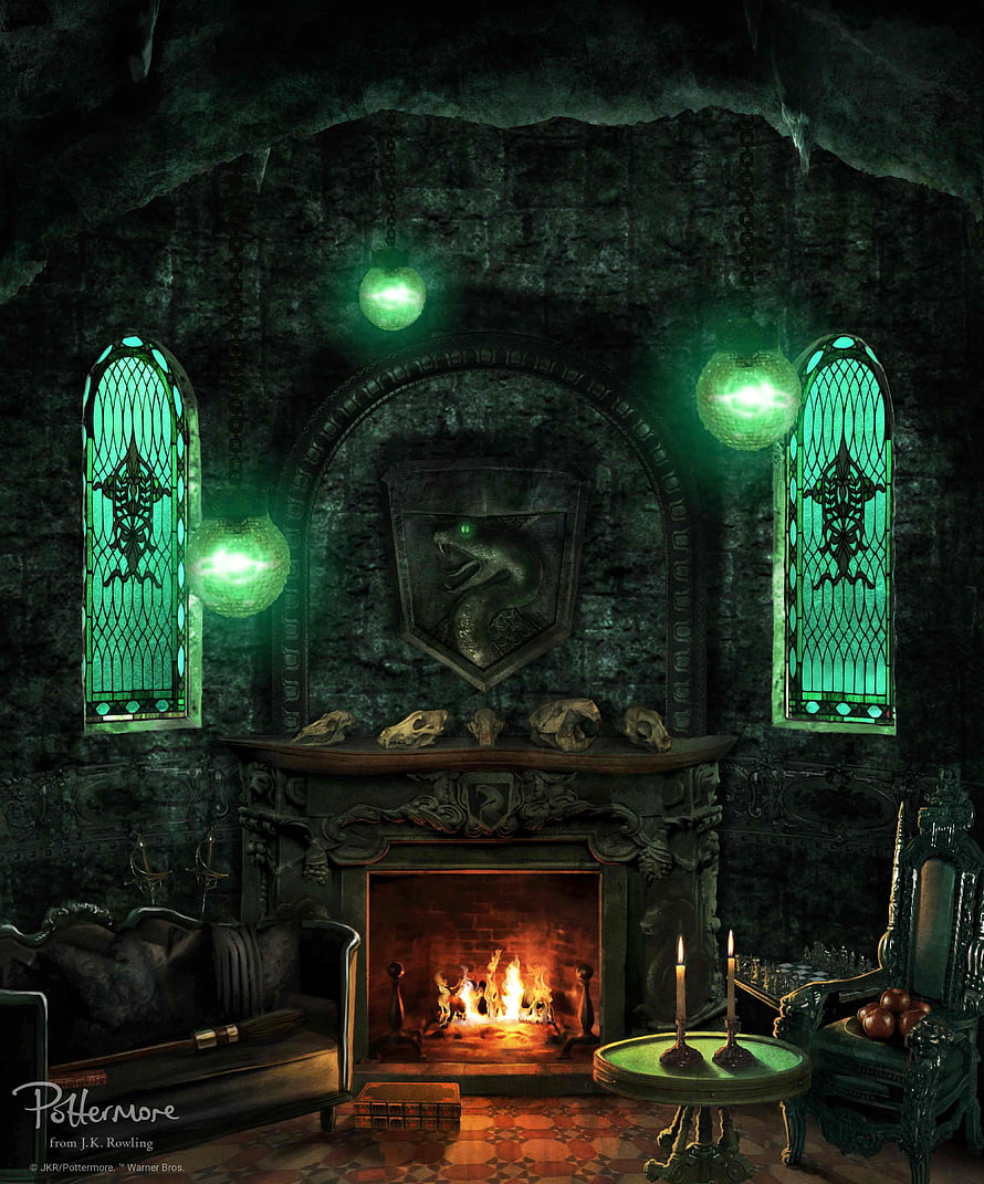 Slytherin Common Room Interior with Green Stained Glass and Fire HD phone wallpaper