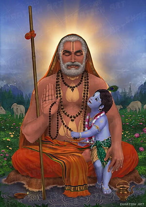 Raghavendra Swamy with Baby Krishna in a Serene Forest Setting HD phone wallpaper