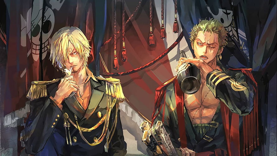 Roronoa Zoro and Vinsmoke Sanji in ornate military uniforms with pirate flags in the background HD wallpaper