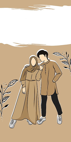 Minimalist Islamic Couple Illustration in Earth Tones with Hijab and Traditional Attire HD phone wallpaper