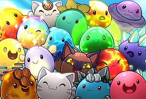 Slime Rancher colorful pet slimes and cat characters group illustration HD wallpaper