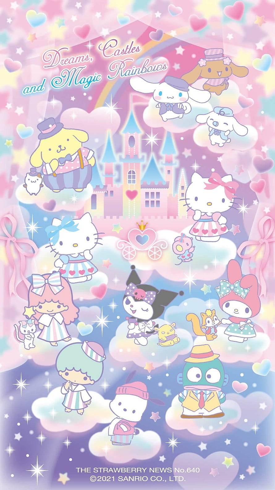 Sanrio Characters in a Dreamy Castle Scene with Rainbow and Hearts HD phone wallpaper