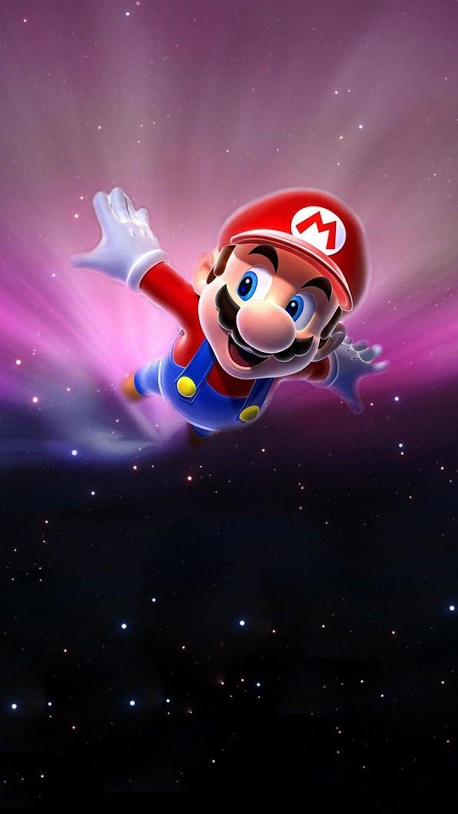 Super Mario flying through a vibrant purple starry space with a glowing cosmic aura HD phone wallpaper
