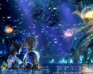 Final Fantasy X Yuna and Tidus in a Starlit Forest Pool HD wallpaper