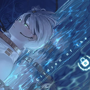 Library of Ruina anime character floating in luminous blue water with digital text overlay HD phone wallpaper
