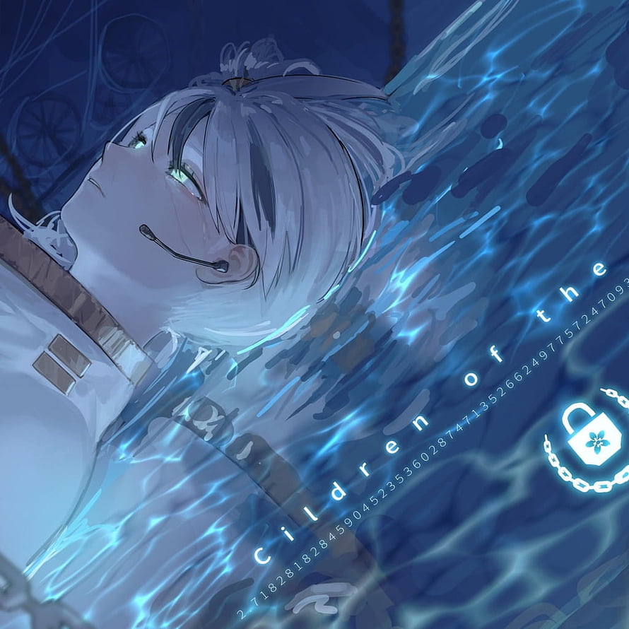Library of Ruina anime character floating in luminous blue water with digital text overlay HD phone wallpaper