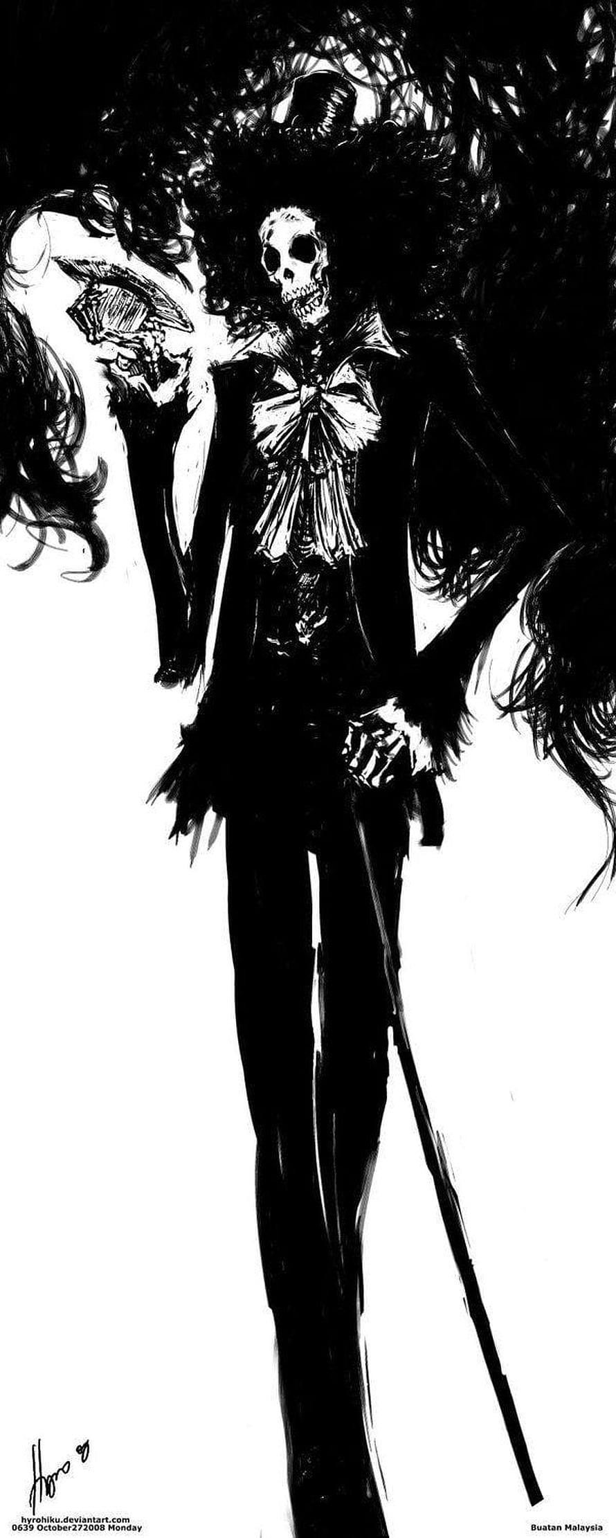 Brook from One Piece in a dramatic black and white ink illustration with a skull face and top hat HD phone wallpaper
