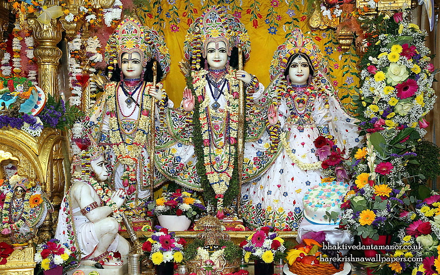 Sri Sri Sita Rama Laxman Hanuman Deity with Floral Garlands and Temple Decorations HD wallpaper