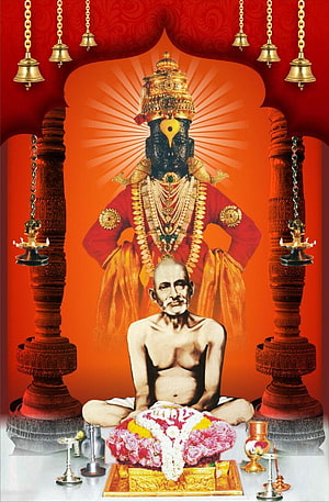 Gajanan Maharaj seated in meditation with ornate deity statue and temple bells HD phone wallpaper