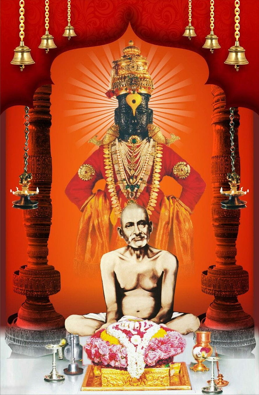 Gajanan Maharaj seated in meditation with ornate deity statue and temple bells HD phone wallpaper