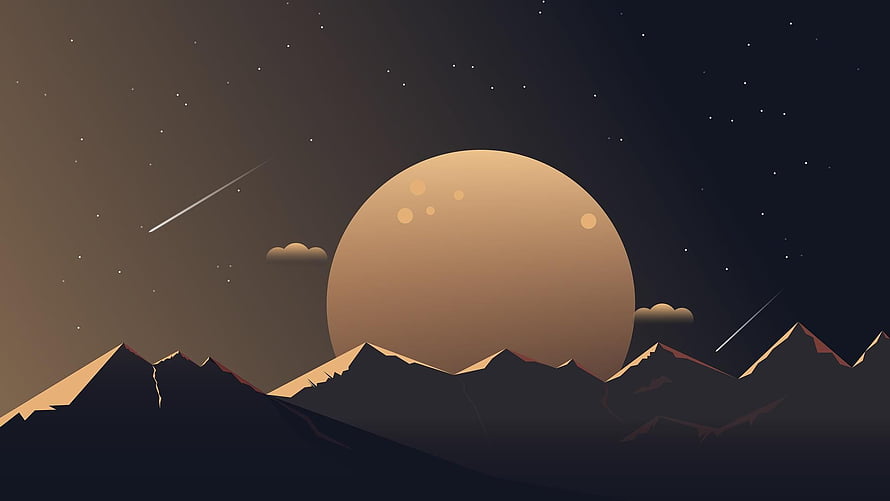 Minimalist Night Sky Illustration With Giant Moon, Mountain Range, and Shooting Stars HD wallpaper
