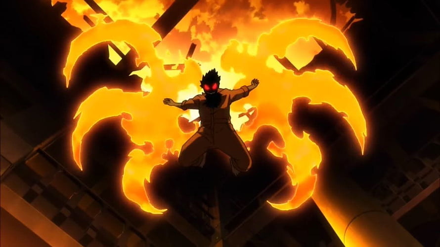 Fire Force Shinra Kusakabe unleashing intense flame power in dramatic anime scene HD wallpaper