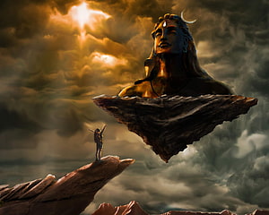 Shiva Mahakal Divine Statue Floating Above a Devotee in Dramatic Clouds HD wallpaper