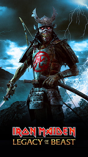 Iron Maiden Legacy of the Beast Samurai Warrior Poster with Stormy Sky and Lightning HD phone wallpaper