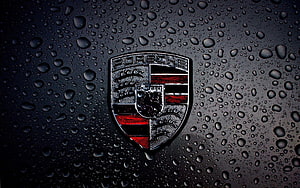 Porsche Emblem on Wet Black Surface with Rain Droplets HD wallpaper
