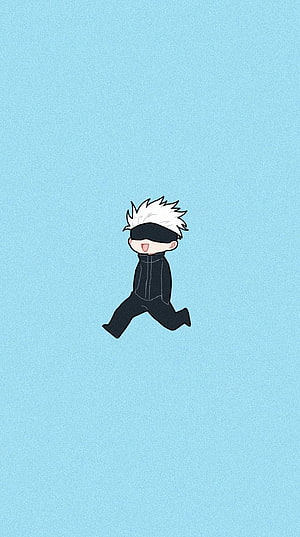 Chibi Gojo Satoru Running on Light Blue Background HD phone wallpaper
