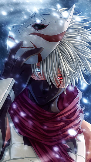 Kakashi Hatake Holding Cracked White Mask in Snowy Night Scene HD phone wallpaper