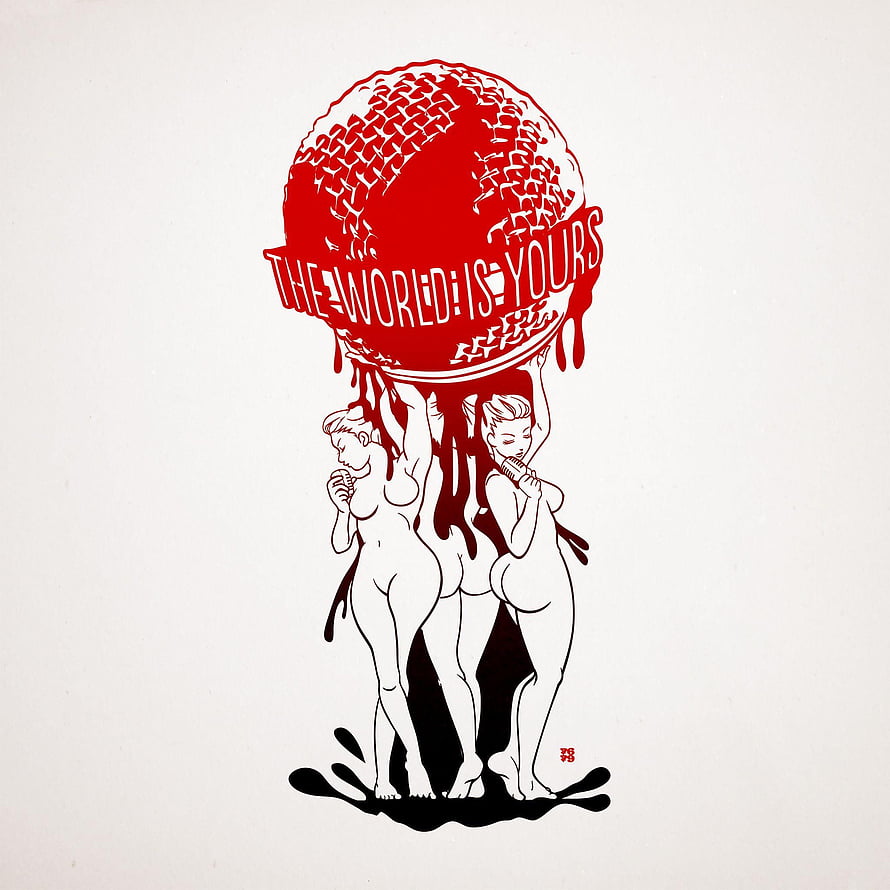 Scarface The World Is Yours Red Globe Illustration with Pin-Up Figures HD phone wallpaper