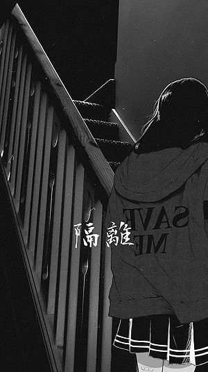 Anime Girl in Hoodie Standing on Staircase in Black and White Aesthetic HD phone wallpaper