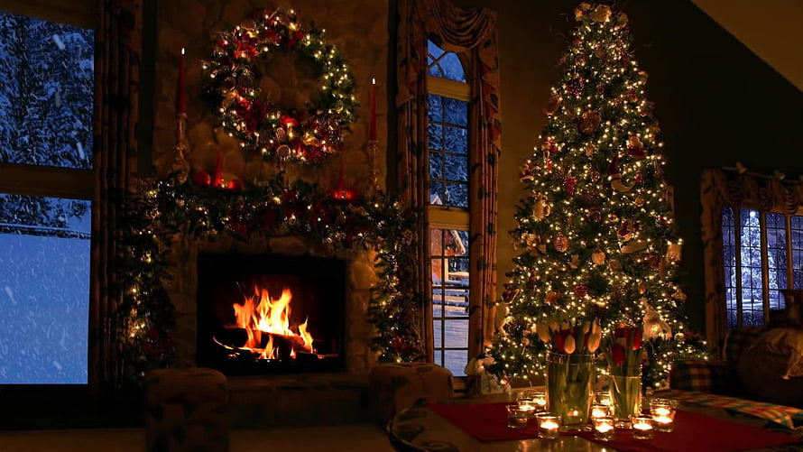 Cozy Christmas Living Room With Fireplace, Wreath, And Decorated Tree HD wallpaper