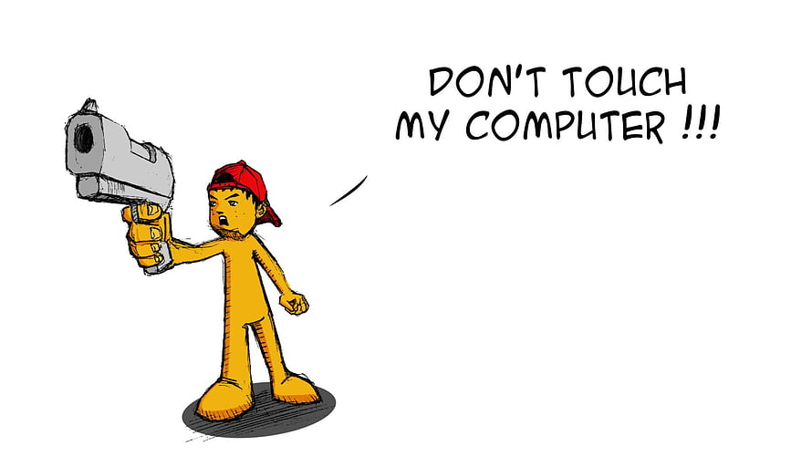 Angry Cartoon Character Holding Gun With Don't Touch My Computer Text HD wallpaper