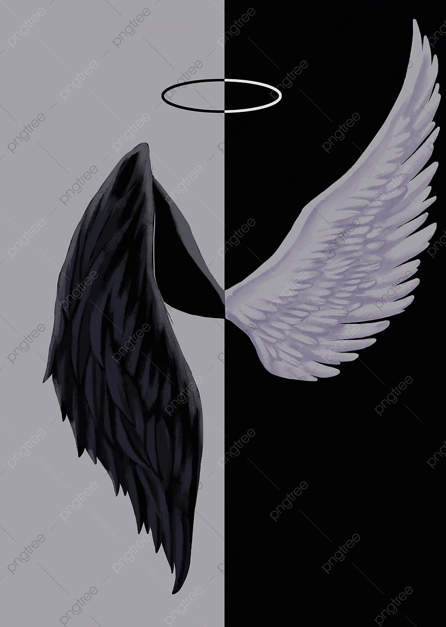 Split Angel and Devil Wings with Halo on Black and White Background HD phone wallpaper