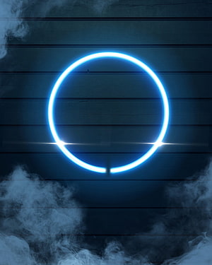 Glowing Blue Neon Ring Light Against Dark Wood Planks With Swirling Smoke HD phone wallpaper
