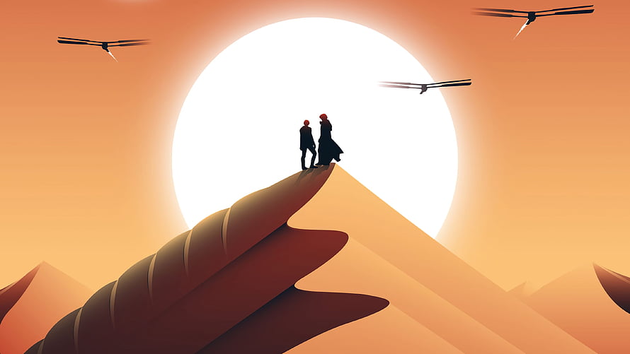 Dune 2021 Movie Art: Silhouetted Figures on a Dune Ridge with a Giant Sun and Flying Machines HD wallpaper