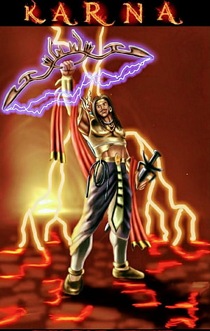 Karna wielding the Vijaya Dhanush with lightning and fiery energy in a dramatic mythological illustration HD phone wallpaper
