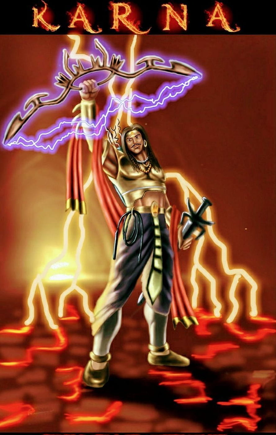 Karna wielding the Vijaya Dhanush with lightning and fiery energy in a dramatic mythological illustration HD phone wallpaper