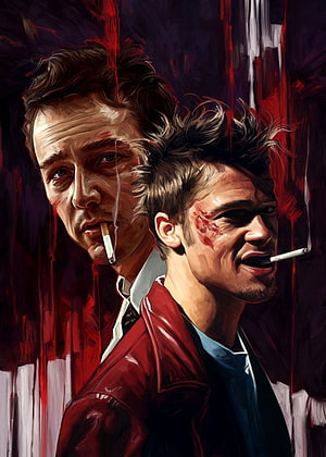 Fight Club Digital Art Portrait of Two Men Smoking Cigarettes with Red Splatter Background HD phone wallpaper