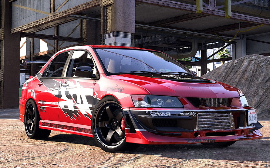 Red Mitsubishi Lancer Evolution with Custom Widebody Kit and Racing Livery HD wallpaper