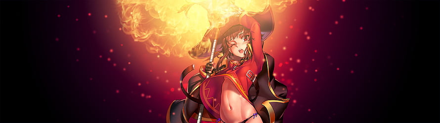 Anime Witch Character Wielding a Blazing Fire Staff Against a Dark Red Background HD wallpaper