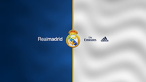 Real Madrid Official Club Crest With Fly Emirates And Adidas Sponsor Logos On Blue And White Background HD wallpaper