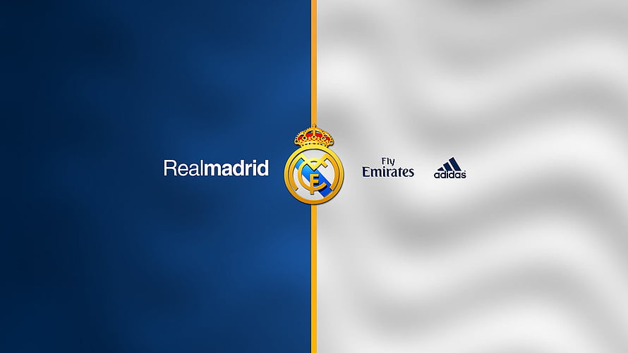Real Madrid Official Club Crest With Fly Emirates And Adidas Sponsor Logos On Blue And White Background HD wallpaper
