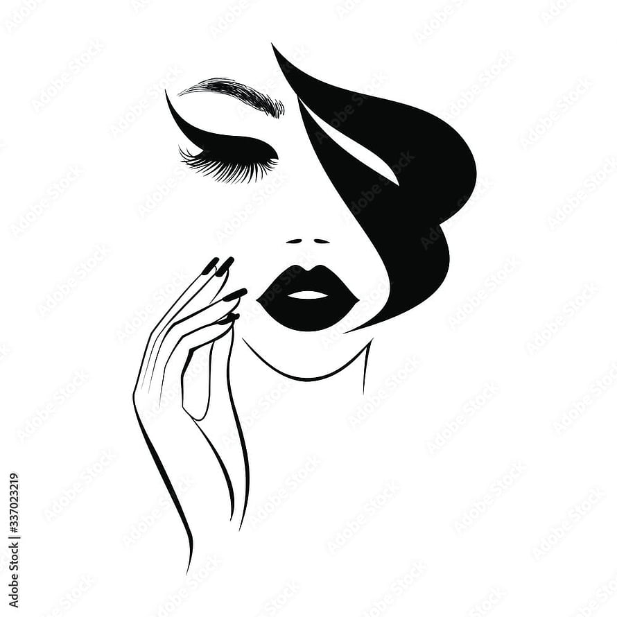 Elegant Black and White Vector Illustration of a Woman's Face with Bold Lips and Manicured Hand HD phone wallpaper