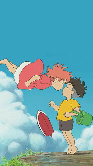 Ponyo and Sosuke Floating in the Sky with a Surfboard and Bucket HD phone wallpaper