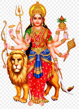Goddess Durga Riding Lion With Eight Arms Holding Trident Sword And Bow HD phone wallpaper