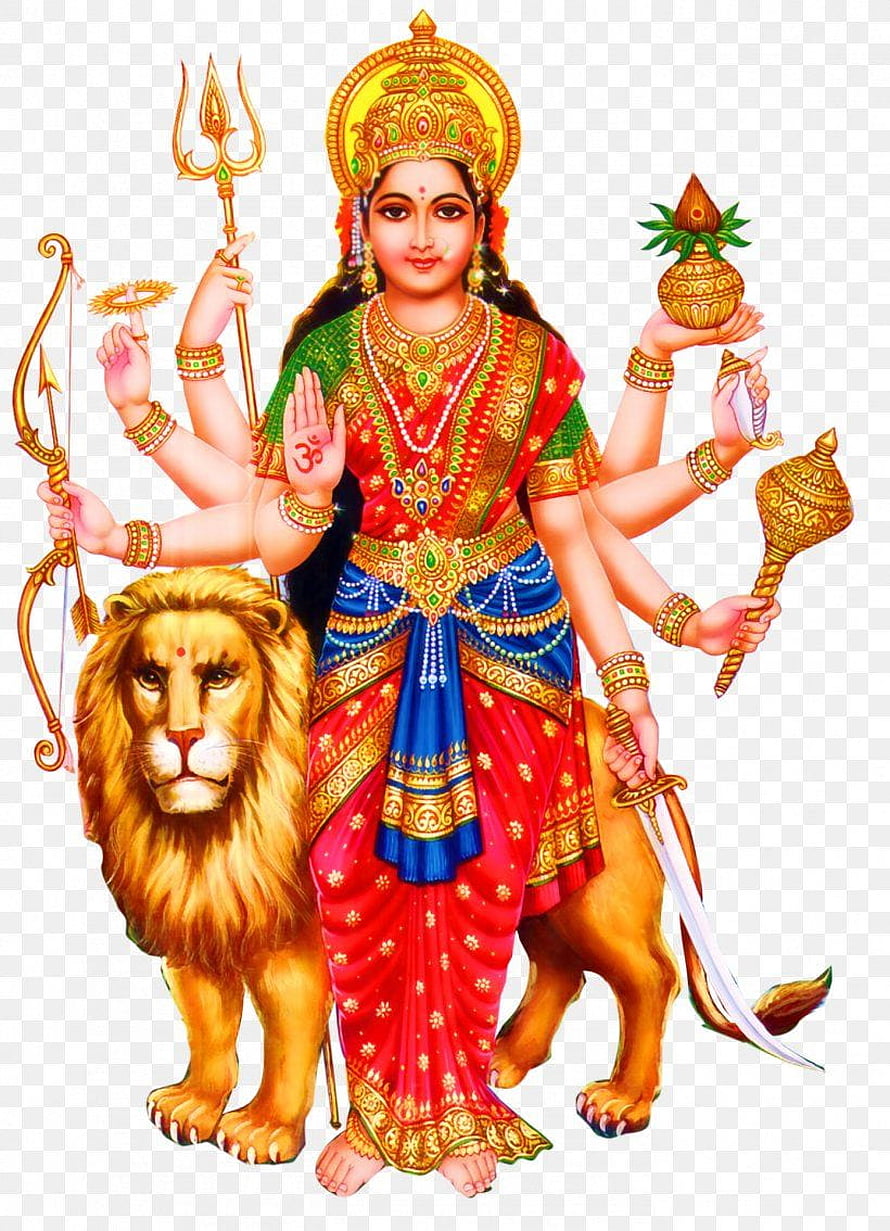 Goddess Durga Riding Lion With Eight Arms Holding Trident Sword And Bow HD phone wallpaper