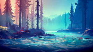 Stylized Digital Art of a Misty Forest River at Dawn with Tall Pines and Glowing Water HD wallpaper