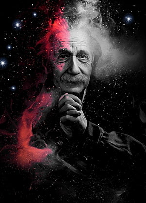 Albert Einstein Portrait with Cosmic Nebula and Starry Background HD phone wallpaper