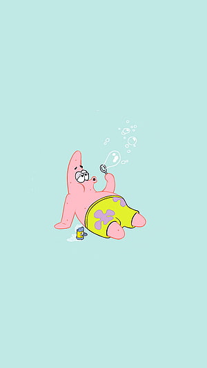 Patrick Star Blowing Bubbles Lying Down on Mint Background HD phone wallpaper