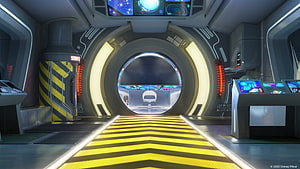 Futuristic Sci-Fi Spacecraft Interior with Glowing Control Panels and Yellow Chevron Floor HD wallpaper