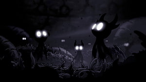 Hollow Knight Shadowy Insects in Dark Cave with Glowing Eyes HD wallpaper