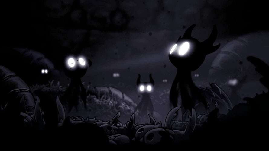 Hollow Knight Shadowy Insects in Dark Cave with Glowing Eyes HD wallpaper