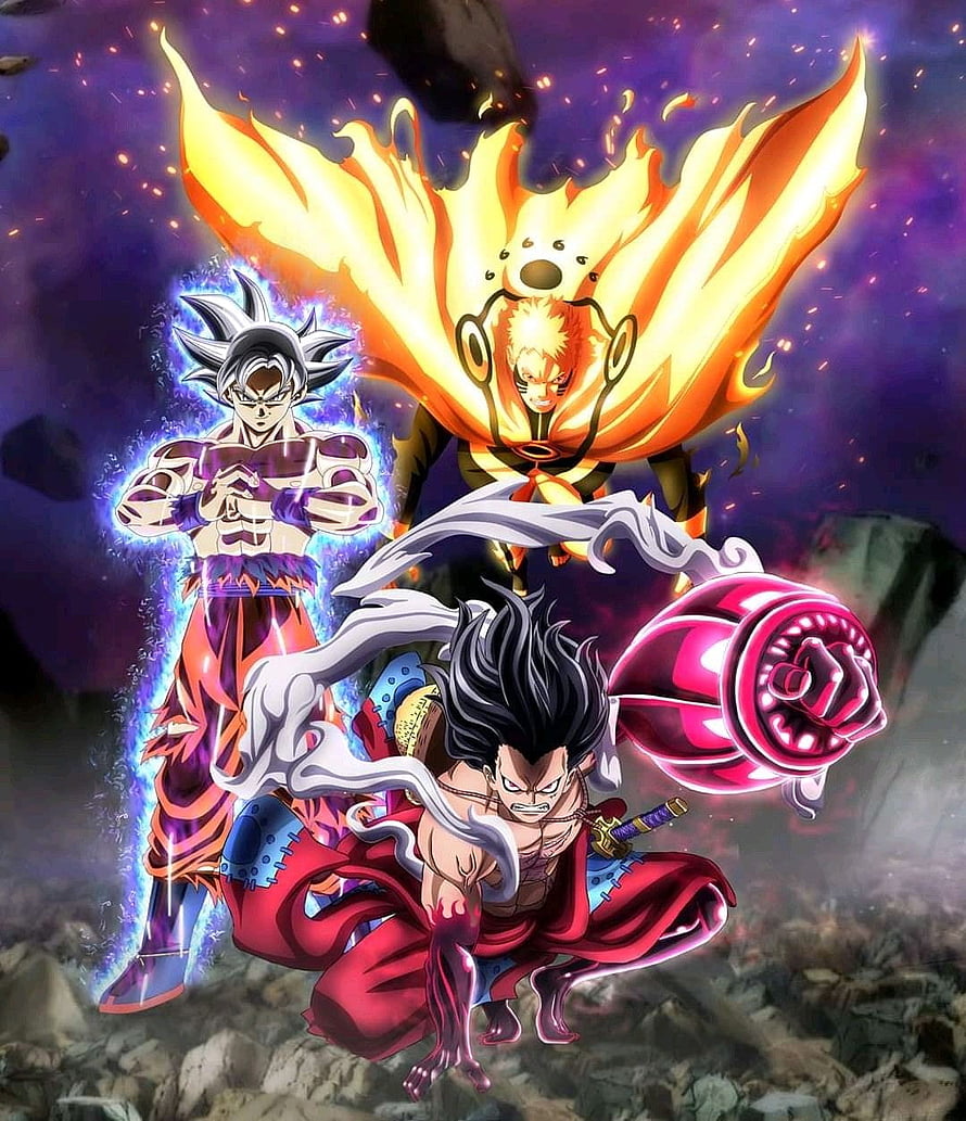 Goku Luffy and Naruto Anime Crossover Battle Artwork HD phone wallpaper