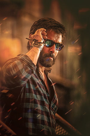 Vikram in Chiyaan Action Scene Wearing Sunglasses and Plaid Shirt HD phone wallpaper