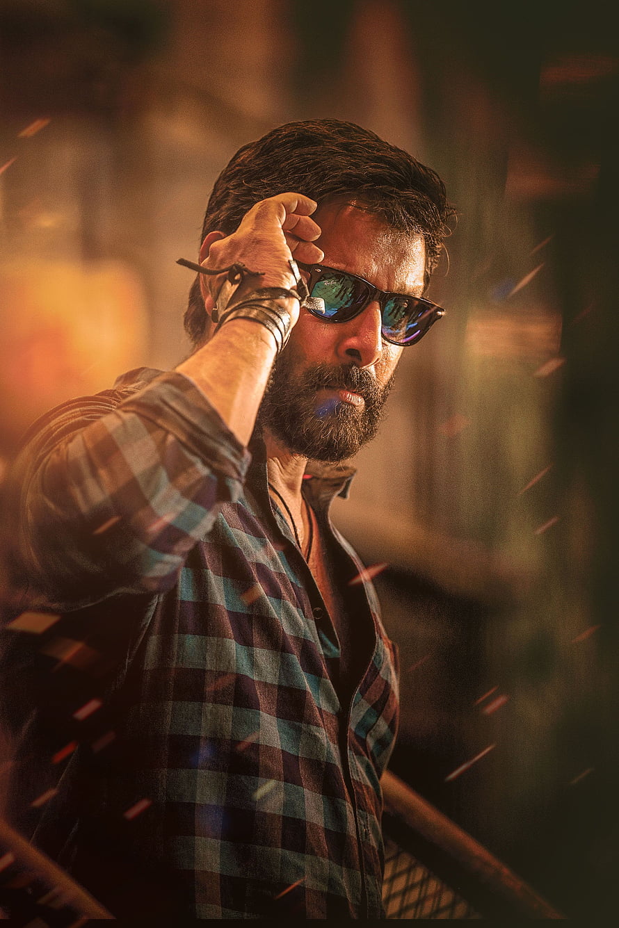 Vikram in Chiyaan Action Scene Wearing Sunglasses and Plaid Shirt HD phone wallpaper